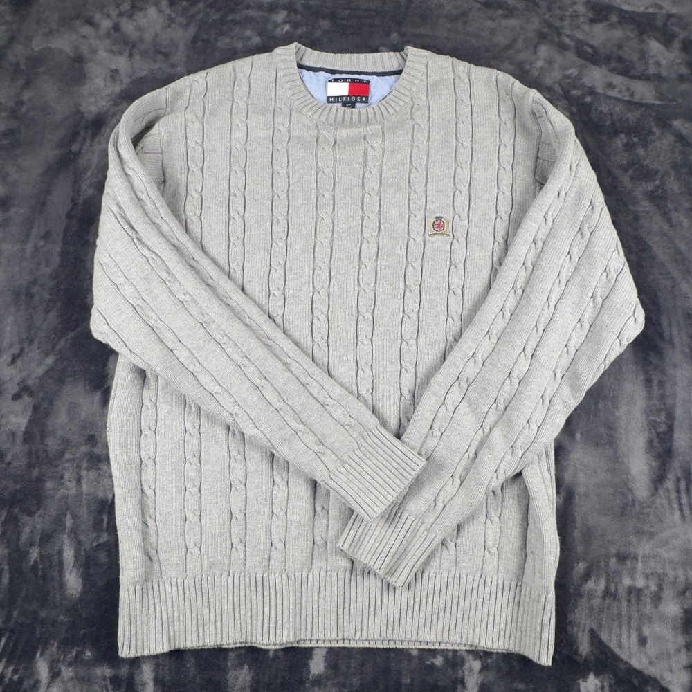 Tommy‎ Hilfiger Cable Knit Sweater Mens Small Gray Crew Neck Cotton